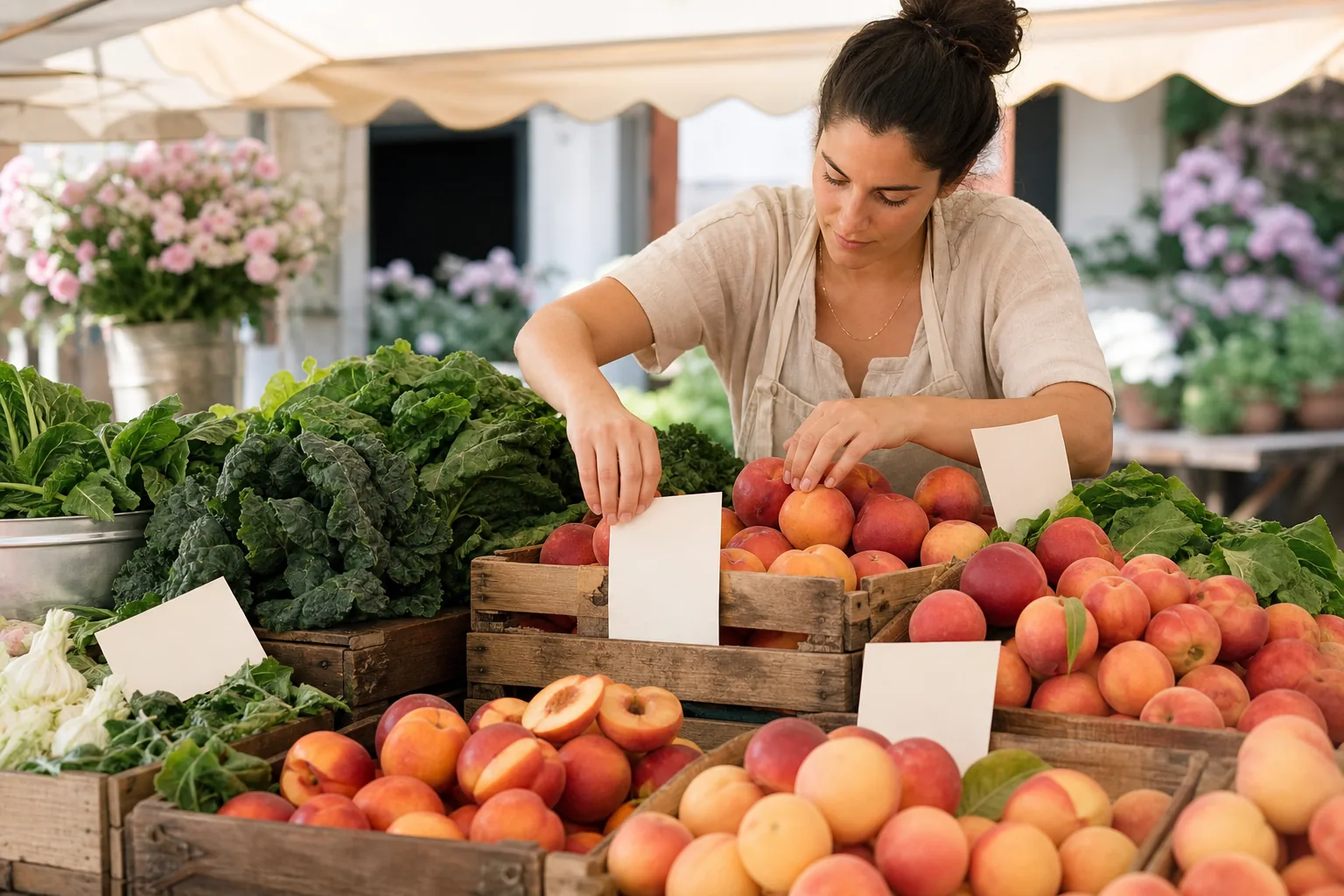 Morning market produce table with peak-season stone fruit, leafy greens in wet crates, and a vendor rearranging handwritten price cards under canvas shade, 1200x800
