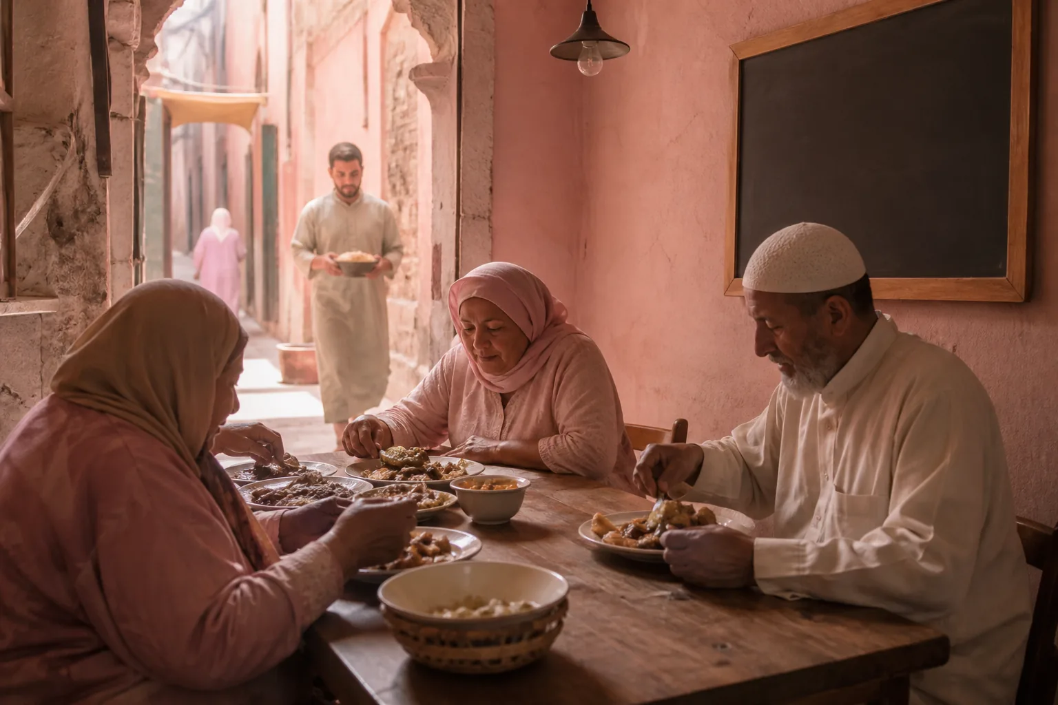 Side-street lunch room with a short chalkboard menu, locals at a communal table, and soft afternoon light through a narrow doorway away from a busy corridor, 1200x800