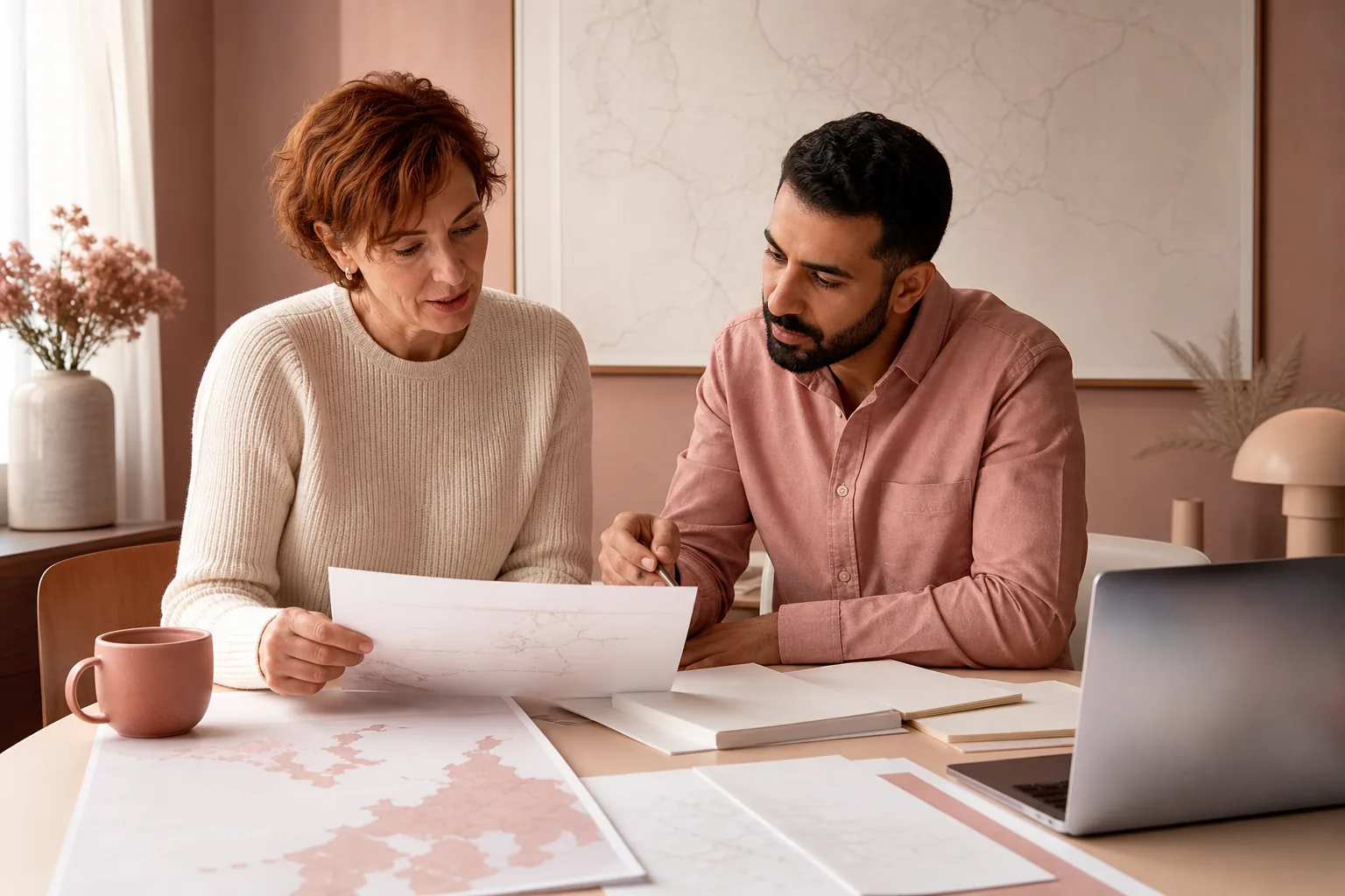 Two advisors reviewing printed market notes at a desk with annotated maps, circled stall names, and a laptop showing a draft outline beside a ceramic cup, 1200x800